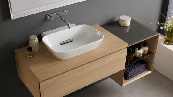Bathroom with furniture made of wood from the Geberit Acanto series Bathroom with furniture made of wood from the Geberit Acanto series