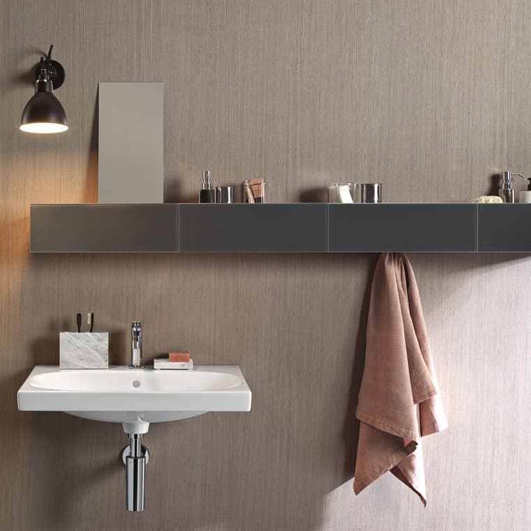 Wall-mounted shelf with surface above a Geberit Acanto washbasin Wall-mounted shelf with surface above a Geberit Acanto washbasin