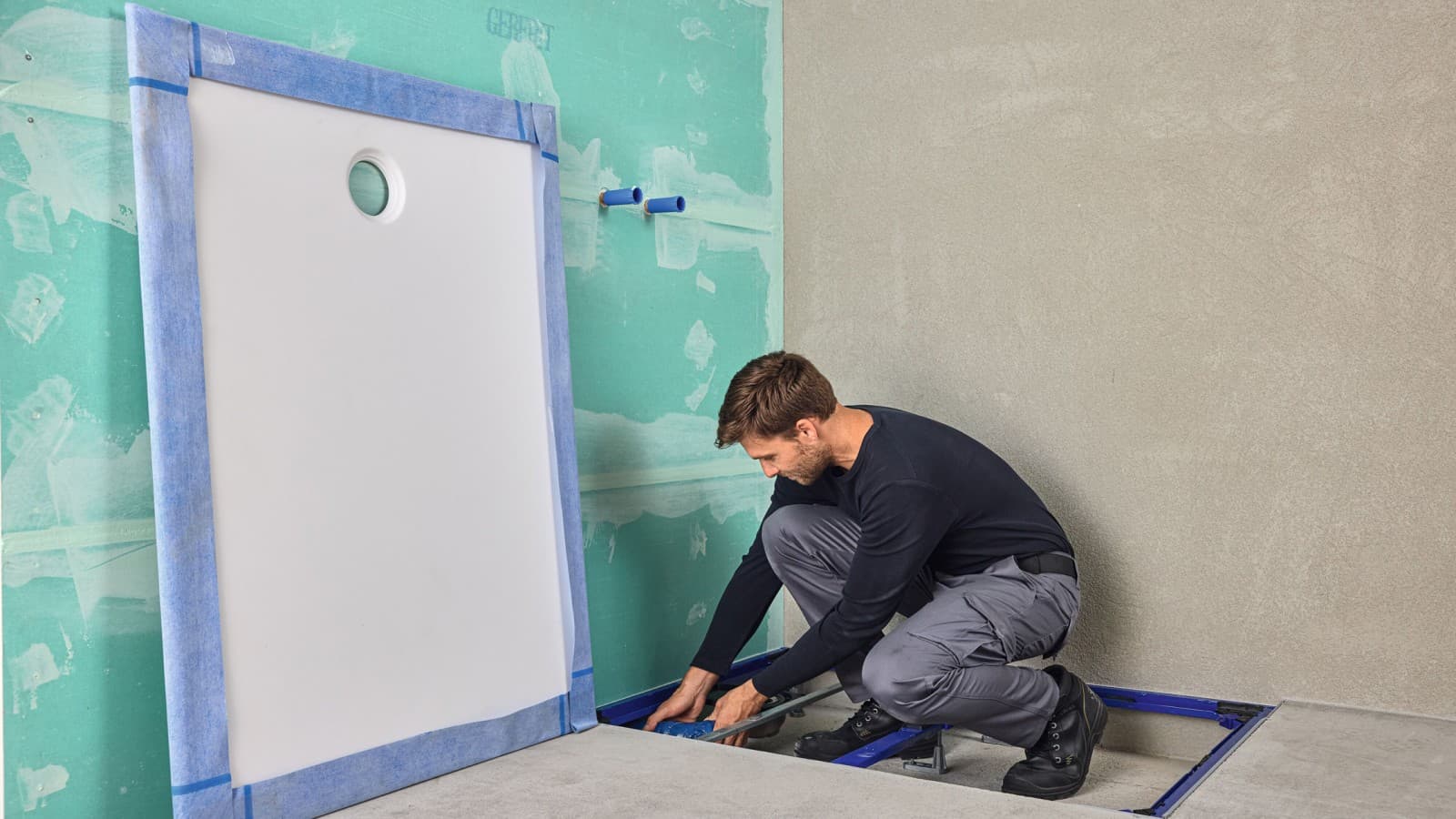 Geberit Duofix for shower and Geberit CleanFloor30 with pre-installed sealing fleece Geberit Duofix for shower and Geberit CleanFloor30 with pre-installed sealing fleece
