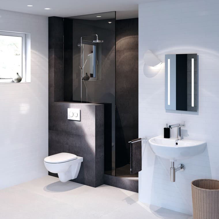 Bathroom with Geberit Selnova toilet and washbasin and Geberit actuatorplate Sigma21 Bathroom with Geberit Selnova toilet and washbasin and Geberit actuatorplate Sigma21