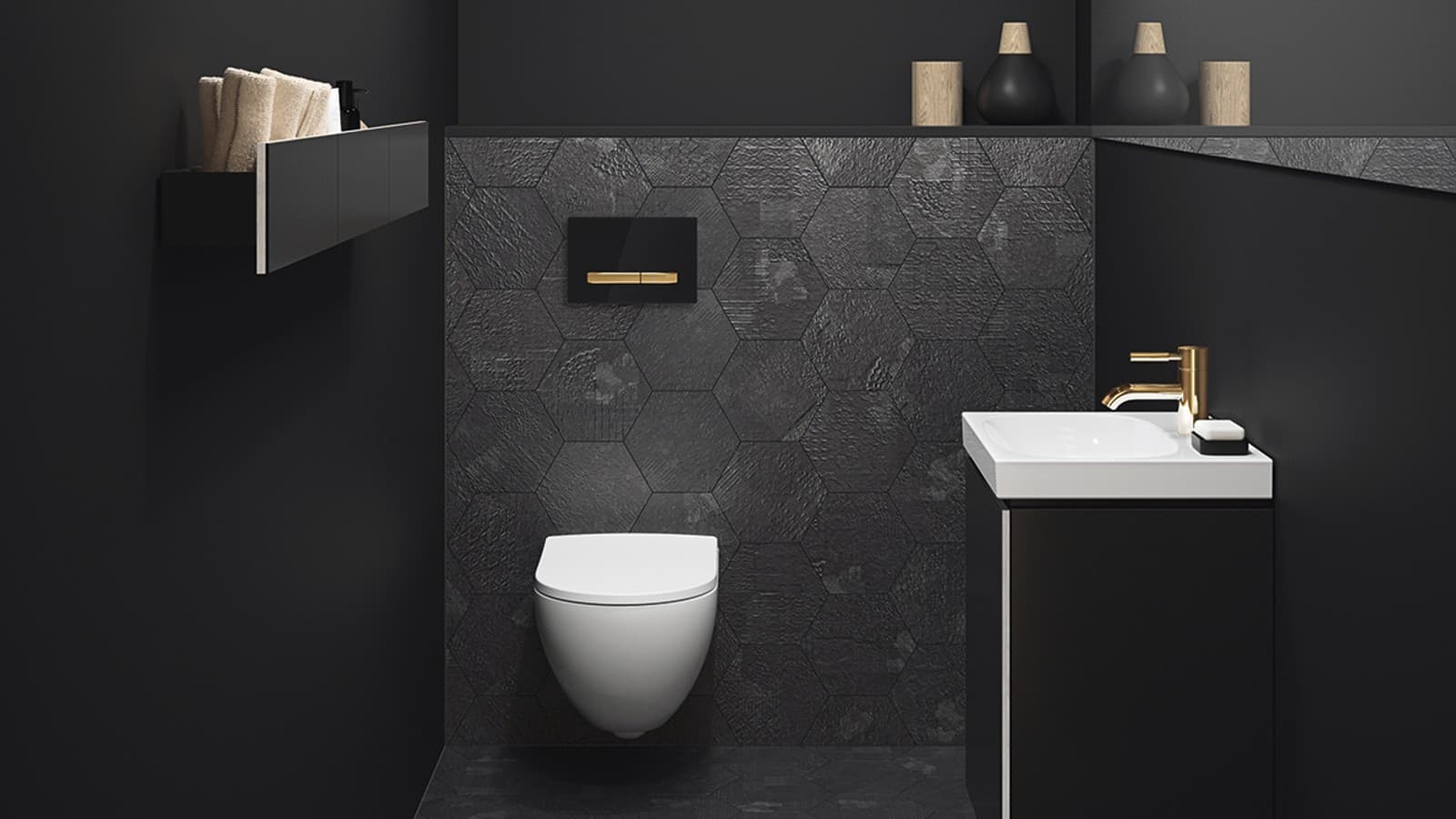 Gold taps and actuator plates combined with dark colours Gold taps and actuator plates combined with dark colours