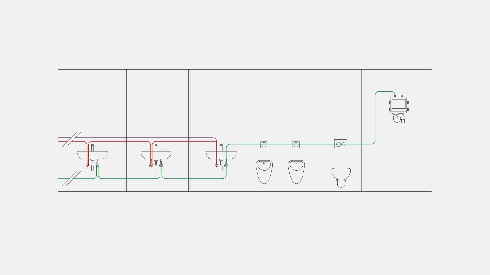 Example of drinking water piping for the sanitary flush volume flush mode Example of drinking water piping for the sanitary flush volume flush mode