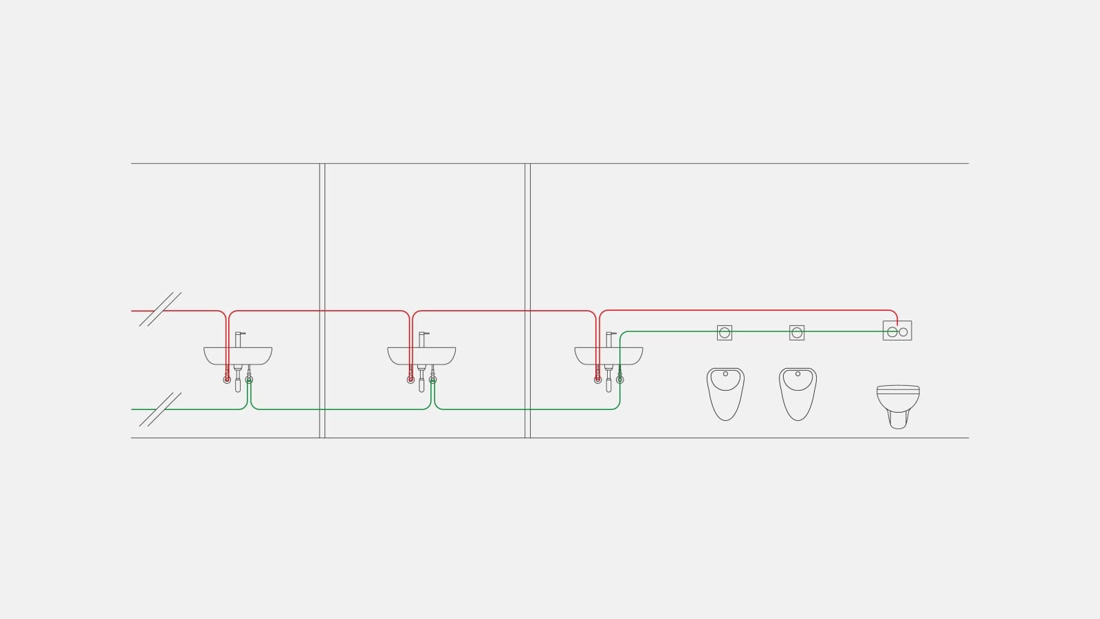 Example of drinking water piping for time flush mode with the Geberit sanitary flush integrated in the concealed cistern Example of drinking water piping for time flush mode with the Geberit sanitary flush integrated in the concealed cistern